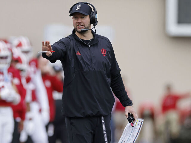 BLOOMINGTON, IN - OCTOBER 25: Defensive coordinator Bryant Haines and head coach Curt Cignetti of the Indiana Hoosiers look on during a college football game against the UCLA Bruins on October 25, 2025 at Memorial Stadium in Bloomington, Indiana.
