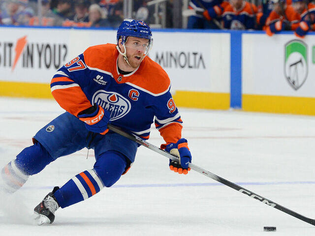 EDMONTON, CANADA - DECEMBER 9: Connor McDavid #97 of the Edmonton Oilers skates during the first period of the game against the Buffalo Sabres at Rogers Place on December 9, 2025, in Edmonton, Alberta, Canada.