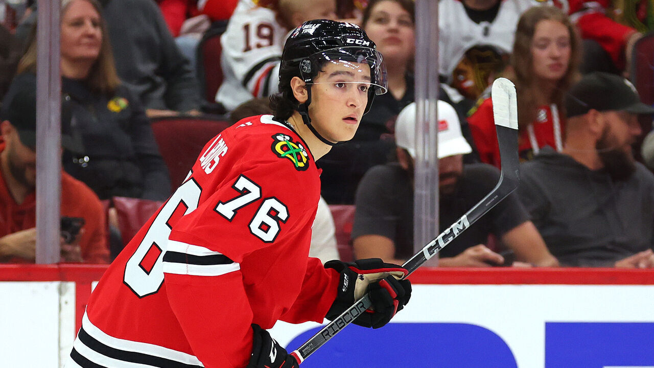 CHICAGO, ILLINOIS - SEPTEMBER 25: Nick Lardis #76 of the Chicago Blackhawks skates against the Detroit Red Wings during the second period of a preseason game at the United Center on September 25, 2024 in Chicago, Illinois.