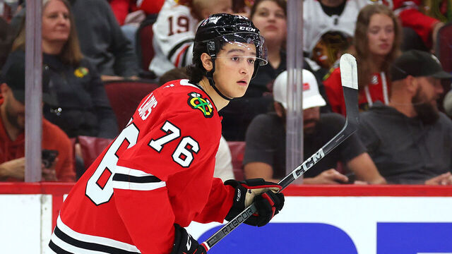 CHICAGO, ILLINOIS - SEPTEMBER 25: Nick Lardis #76 of the Chicago Blackhawks skates against the Detroit Red Wings during the second period of a preseason game at the United Center on September 25, 2024 in Chicago, Illinois.