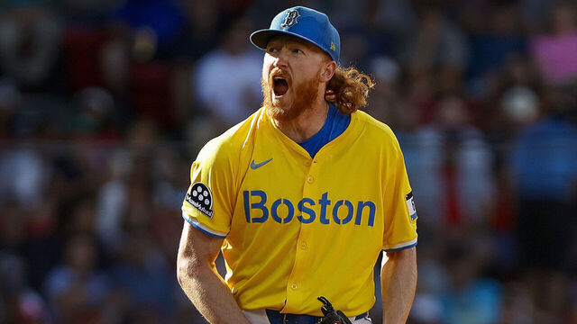 Boston, MA - August 30: Boston Red Sox pitcher Dustin May reacts in the second inning at Fenway Park on August 30, 2025.