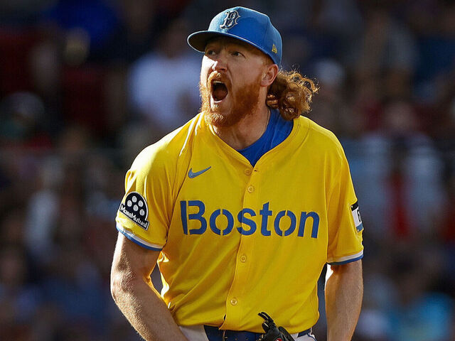 Boston, MA - August 30: Boston Red Sox pitcher Dustin May reacts in the second inning at Fenway Park on August 30, 2025.