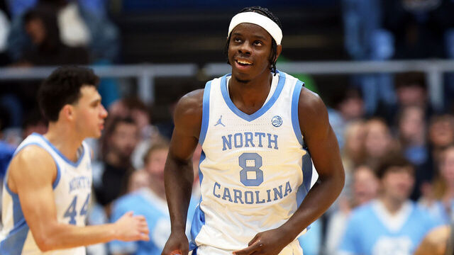 CHAPEL HILL, NC - DECEMBER 07: North Carolina Tar Heels forward Caleb Wilson (8) looks on during a college basketball game between the North Carolina Tar Heels and the Georgetown Hoyas on December 7, 2025, at Dean Smith Center in Chapel Hill, North Carolina.
