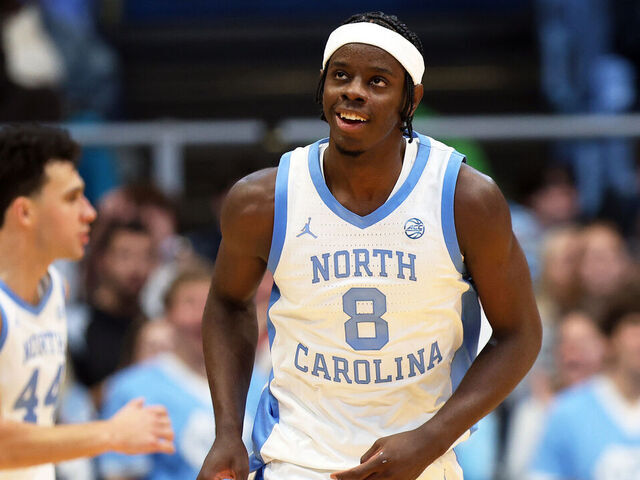 CHAPEL HILL, NC - DECEMBER 07: North Carolina Tar Heels forward Caleb Wilson (8) looks on during a college basketball game between the North Carolina Tar Heels and the Georgetown Hoyas on December 7, 2025, at Dean Smith Center in Chapel Hill, North Carolina.