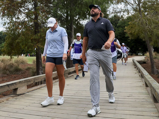 NAPLES, FLORIDA - DECEMBER 13: Teammates Lauren Coughlin of the United States and Andrew Novak of the United States walk to the 13th hole during the second round of the Grant Thornton Invitational 2025 at Tiburon Golf Club on December 13, 2025 in Naples, Florida.