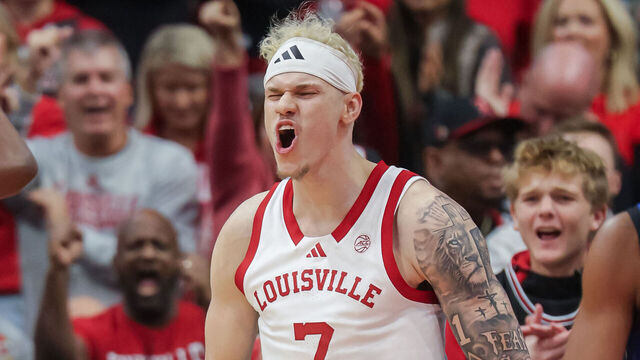LOUISVILLE, KENTUCKY - DECEMBER 13: Kasean Pryor #7 of the Louisville Cardinals reacts during the first half against the Memphis Tigers at KFC YUM! Center on December 13, 2025 in Louisville, Kentucky.