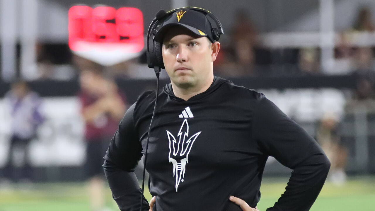 TEMPE, ARIZONA - SEPTEMBER 26: Head coach Kenny Dillingham of the Arizona State Sun Devils walks to the sidelines during a timeout in the second half of the Texas Christian University Horned Frogs versus the Arizona State Sun Devils football game at Mountain America Stadium on September 26, 2025 in Tempe, Arizona.