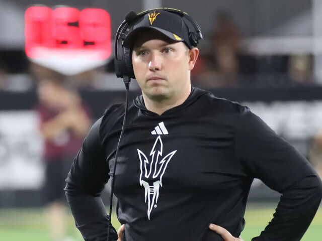 TEMPE, ARIZONA - SEPTEMBER 26: Head coach Kenny Dillingham of the Arizona State Sun Devils walks to the sidelines during a timeout in the second half of the Texas Christian University Horned Frogs versus the Arizona State Sun Devils football game at Mountain America Stadium on September 26, 2025 in Tempe, Arizona.