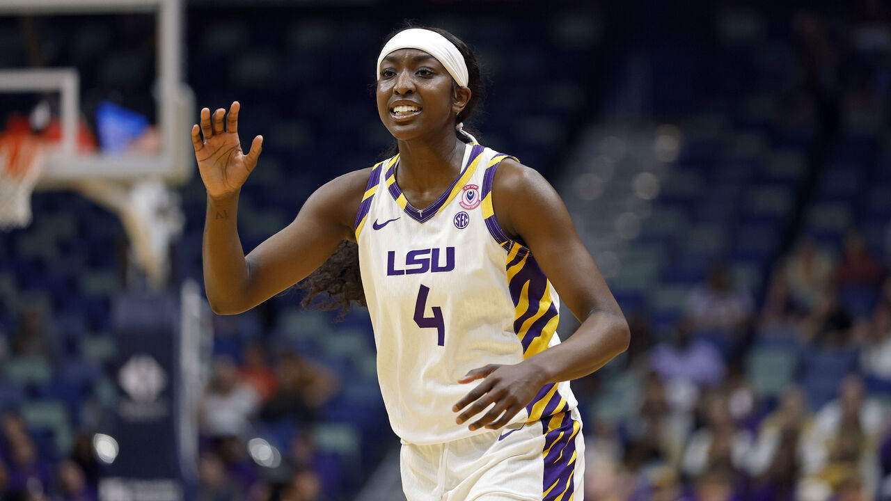 NEW ORLEANS, LOUISIANA - DECEMBER 13: Flau'Jae Johnson #4 of the LSU Tigers celebrates after a play during the second half of a game against the Louisiana Tech Lady Techsters at Smoothie King Center on December 13, 2025 in New Orleans, Louisiana.