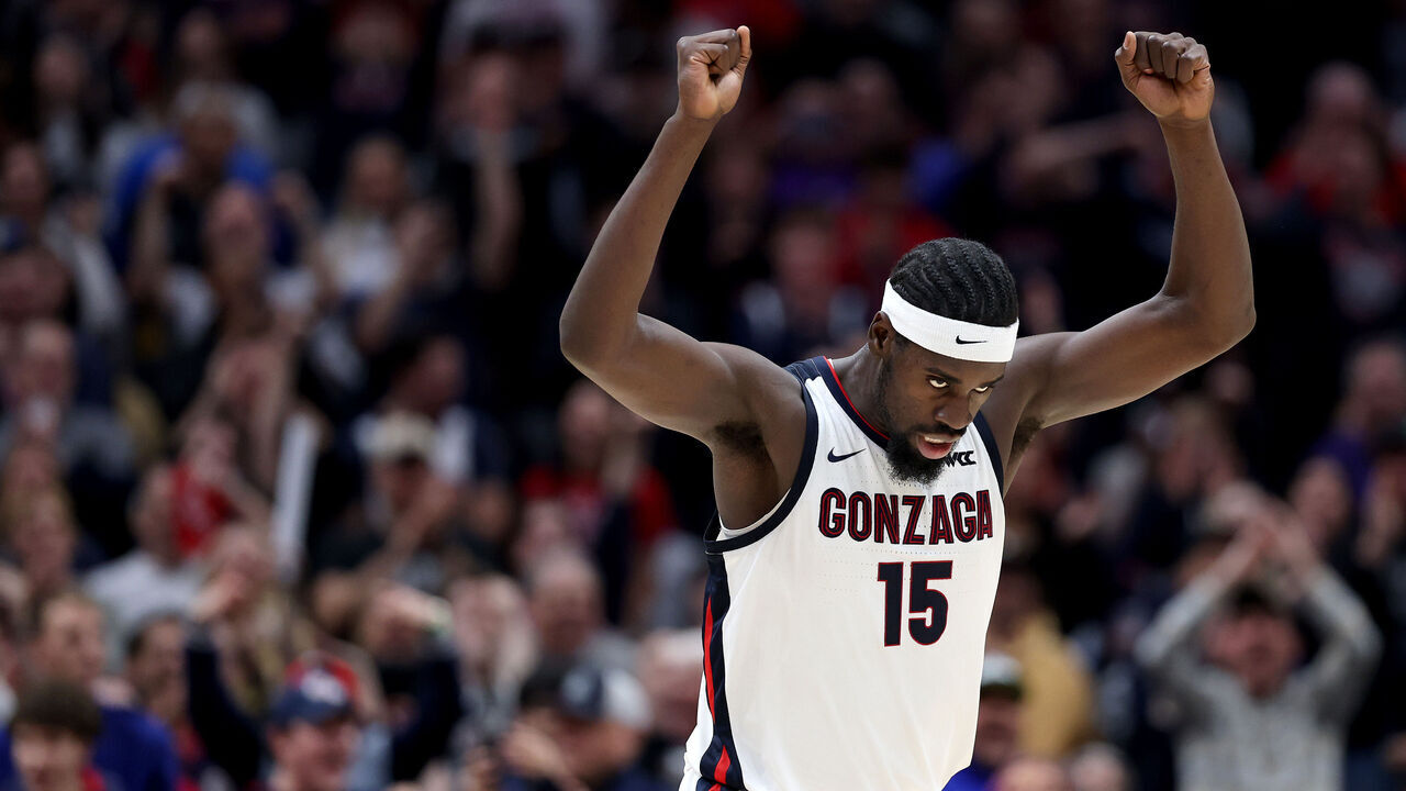 SEATTLE, WASHINGTON - DECEMBER 13: Graham Ike #15 of the Gonzaga Bulldogs reacts during the second half against the UCLA Bruins at Climate Pledge Arena on December 13, 2025 in Seattle, Washington.