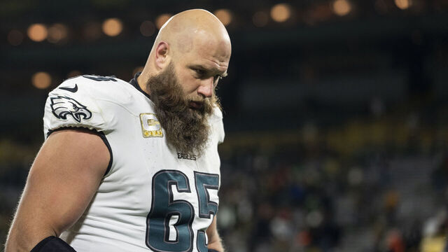 GREEN BAY, WISCONSIN - NOVEMBER 10: Lane Johnson #65 of the Philadelphia Eagles looks on following an NFL football game against the Green Bay Packers at Lambeau Field on November 10, 2025 in Green Bay, Wisconsin.