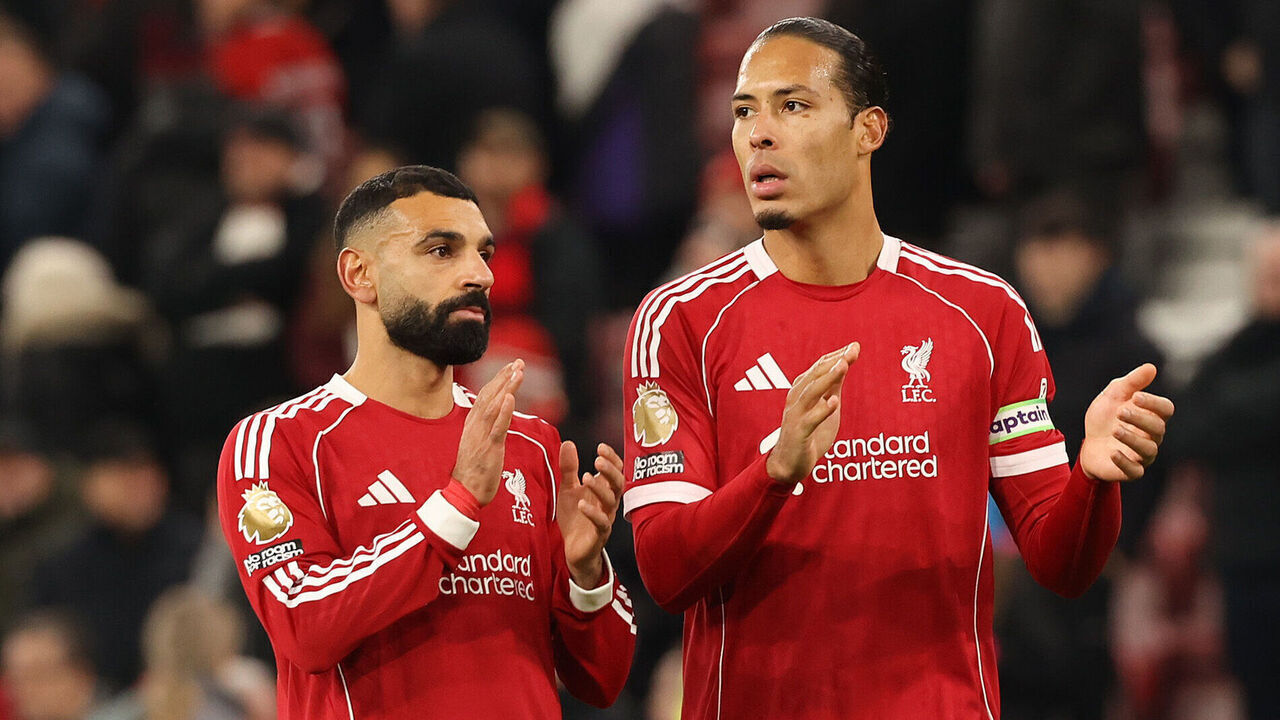 LIVERPOOL, ENGLAND - DECEMBER 03: (THE SUN OUT, THE SUN ON SUNDAY OUT) Mohamed Salah and Virgil van Dijk of Liverpool applaud fans after the Premier League match between Liverpool and Sunderland at Anfield on December 03, 2025 in Liverpool, England.