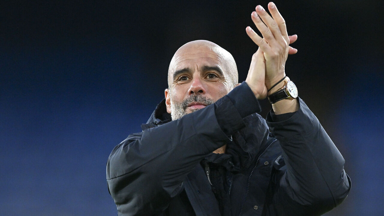 LONDON, ENGLAND - DECEMBER 14: Josep Guardiola manager of Manchester City applauds the fans during the Premier League match between Crystal Palace and Manchester City at Selhurst Park on December 14, 2025 in London, England.