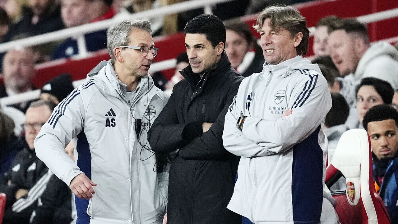 Arsenal manager Mikel Arteta (centre) with coaches Gabriel Heinze and Albert Stuivenberg (left) during the Premier League match at the Emirates Stadium, London. Picture date: Saturday December 13, 2025.