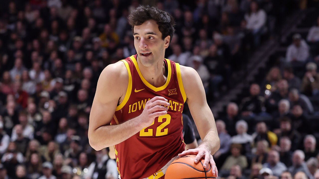 WEST LAFAYETTE, INDIANA - DECEMBER 06: Milan Momcilovic #22 of the Iowa State Cyclones drives to the basket against the Purdue Boilermakers during the first half at Mackey Arena on December 06, 2025 in West Lafayette, Indiana.