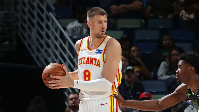 NEW ORLEANS, LA - NOVEMBER 22: Kristaps Porzingis #8 of the Atlanta Hawks looks to pass the ball during the game against the New Orleans Pelicans on November 22, 2025 at the Smoothie King Center in New Orleans, Louisiana. Mandatory Copyright Notice: Copyright 2025 NBAE