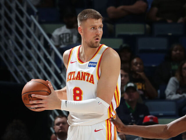 NEW ORLEANS, LA - NOVEMBER 22: Kristaps Porzingis #8 of the Atlanta Hawks looks to pass the ball during the game against the New Orleans Pelicans on November 22, 2025 at the Smoothie King Center in New Orleans, Louisiana. Mandatory Copyright Notice: Copyright 2025 NBAE