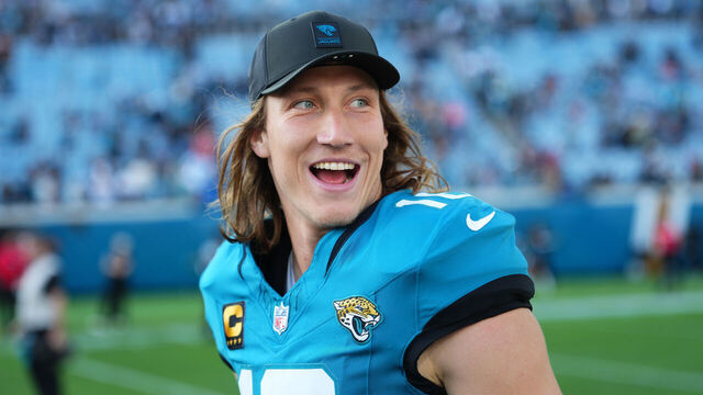 JACKSONVILLE, FLORIDA - DECEMBER 14: Trevor Lawrence #16 of the Jacksonville Jaguars looks on after the game against the New York Jets at EverBank Stadium on December 14, 2025 in Jacksonville, Florida.