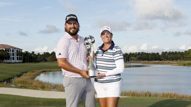 NAPLES, FLORIDA - DECEMBER 14: Andrew Novak of the United States and Lauren Coughlin of the United States pose with the trophy after winning the Grant Thornton Invitational 2025 at Tiburon Golf Club on December 14, 2025 in Naples, Florida.