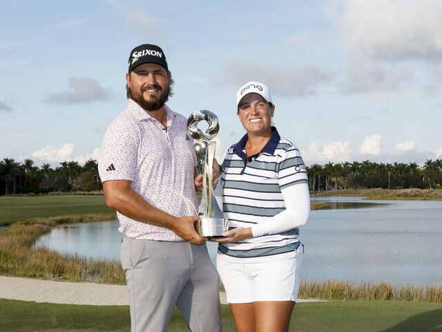 NAPLES, FLORIDA - DECEMBER 14: Andrew Novak of the United States and Lauren Coughlin of the United States pose with the trophy after winning the Grant Thornton Invitational 2025 at Tiburon Golf Club on December 14, 2025 in Naples, Florida.