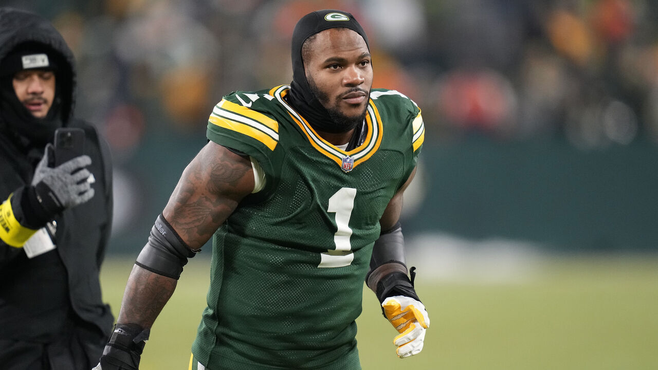 GREEN BAY, WISCONSIN - DECEMBER 07: Micah Parsons #1 of the Green Bay Packers runs off field after a win over the \c at Lambeau Field on December 07, 2025 in Green Bay, Wisconsin.