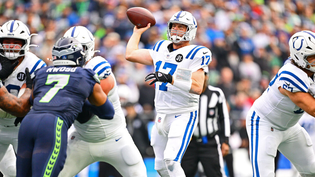 SEATTLE, WASHINGTON - DECEMBER 14: Philip Rivers #17 of the Indianapolis Colts throws a touchdown pass during the second quarter against the Seattle Seahawks at Lumen Field on December 14, 2025 in Seattle, Washington.
