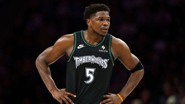 MINNEAPOLIS, MINNESOTA - DECEMBER 08: Anthony Edwards #5 of the Minnesota Timberwolves looks on against the Phoenix Suns in the first quarter at Target Center on December 08, 2025 in Minneapolis, Minnesota.