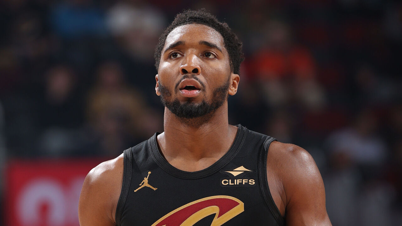 CLEVELAND, OH - DECEMBER 14: Donovan Mitchell #45 of the Cleveland Cavaliers looks on during the game against the Charlotte Hornets on December 14, 2025 at Rocket Mortgage FieldHouse in Cleveland, Ohio. NOTE TO USER: User expressly acknowledges and agrees that, by downloading and/or using this Photograph, user is consenting to the terms and conditions of the Getty Images License Agreement. Mandatory Copyright Notice: Copyright 2025 NBAE