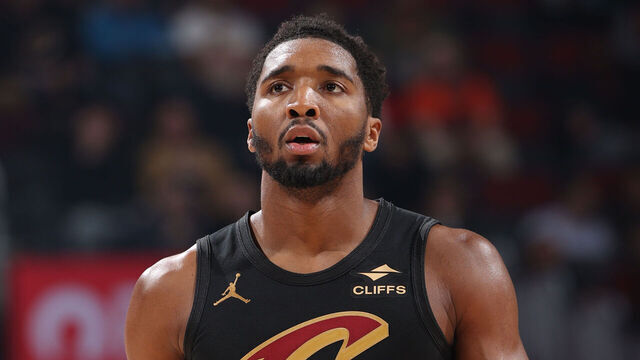 CLEVELAND, OH - DECEMBER 14: Donovan Mitchell #45 of the Cleveland Cavaliers looks on during the game against the Charlotte Hornets on December 14, 2025 at Rocket Mortgage FieldHouse in Cleveland, Ohio. NOTE TO USER: User expressly acknowledges and agrees that, by downloading and/or using this Photograph, user is consenting to the terms and conditions of the Getty Images License Agreement. Mandatory Copyright Notice: Copyright 2025 NBAE