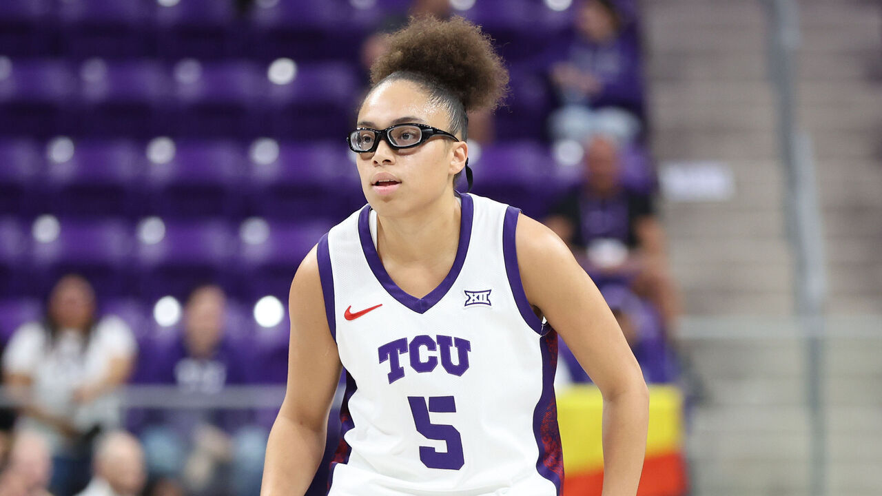 FORT WORTH, TEXAS - NOVEMBER 20: Olivia Miles #5 of the TCU Horned Frogs looks on during the first half against the Tarleton State Texans at Schollmaier Arena on November 20, 2025 in Fort Worth, Texas.