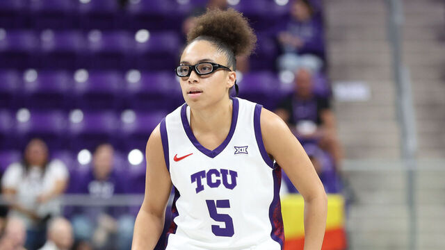 FORT WORTH, TEXAS - NOVEMBER 20: Olivia Miles #5 of the TCU Horned Frogs looks on during the first half against the Tarleton State Texans at Schollmaier Arena on November 20, 2025 in Fort Worth, Texas.