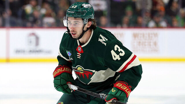 ST PAUL, MINNESOTA - DECEMBER 14: Quinn Hughes #43 of the Minnesota Wild skates against the Boston Bruins in the second period at Grand Casino Arena on December 14, 2025 in St Paul, Minnesota. The Wild defeated the Bruins 6-2.