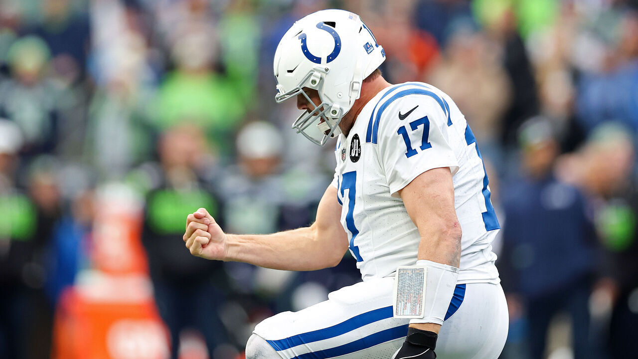 SEATTLE, WASHINGTON - DECEMBER 14: Philip Rivers #17 of the Indianapolis Colts celebrates his touchdown pass during the second quarter against the Seattle Seahawks at Lumen Field on December 14, 2025 in Seattle, Washington.