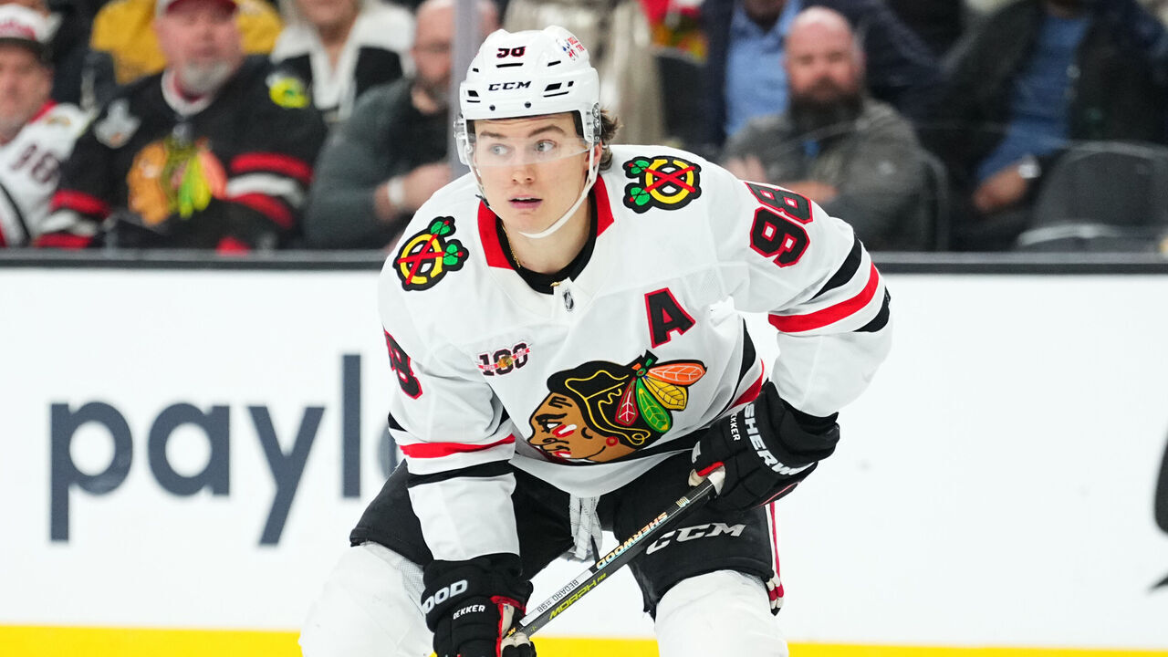 LAS VEGAS, NEVADA - DECEMBER 02: Connor Bedard #98 of the Chicago Blackhawks skates during overtime against the Vegas Golden Knights at T-Mobile Arena on December 02, 2025 in Las Vegas, Nevada.
