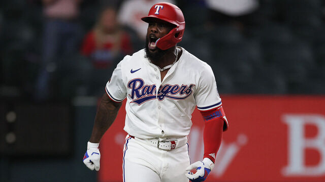 ARLINGTON, TEXAS - JUNE 30: Adolis García #53 of the Texas Rangers reacts after hitting a three run home during the tenth inning against the Baltimore Orioles at Globe Life Field on June 30, 2025 in Arlington, Texas.