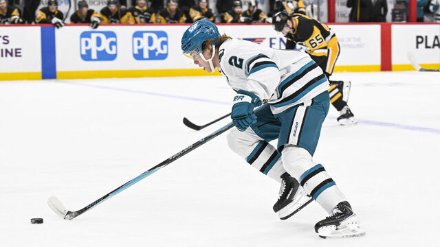 PITTSBURGH, PA - DECEMBER 13: San Jose Sharks center Will Smith (2) skates with the puck during the first period in the NHL game between the Pittsburgh Penguins and the San Jose Sharks on December 13, 2025, at PPG Paints Arena in Pittsburgh, PA.
