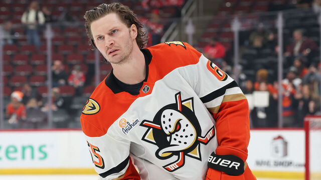 NEWARK, NJ - DECEMBER 13: Jacob Trouba #65 of the Anaheim Ducks warms up before a game between the Anaheim Ducks and New Jersey Devils at Prudential Center on December 13, 2025 in Newark, New Jersey.