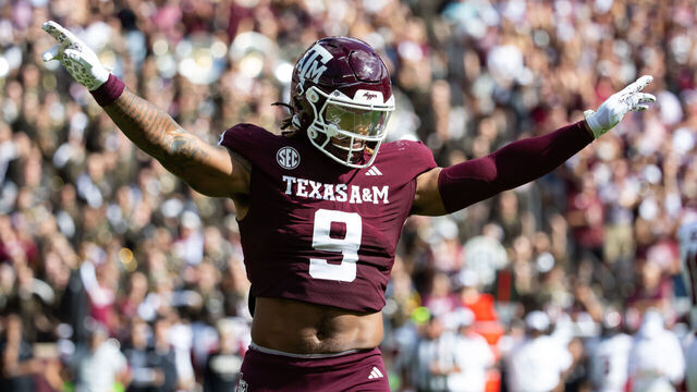 COLLEGE STATION, TEXAS - NOVEMBER 15: Cashius Howell #9 of the Texas A&M Aggies celebrates after a play in the first half of a game against the South Carolina Gamecocks at Kyle Field on November 15, 2025 in College Station, Texas.