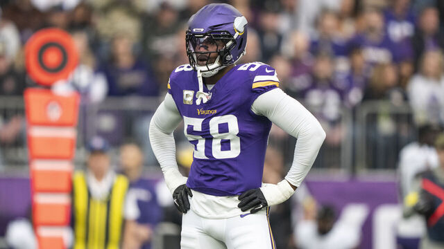 MINNEAPOLIS, MINNESOTA - NOVEMBER 9: Jonathan Greenard #58 of the Minnesota Vikings looks on during an NFL football game against the Baltimore Ravens at U.S. Bank Stadium on November 09, 2025 in Minneapolis, Minnesota.