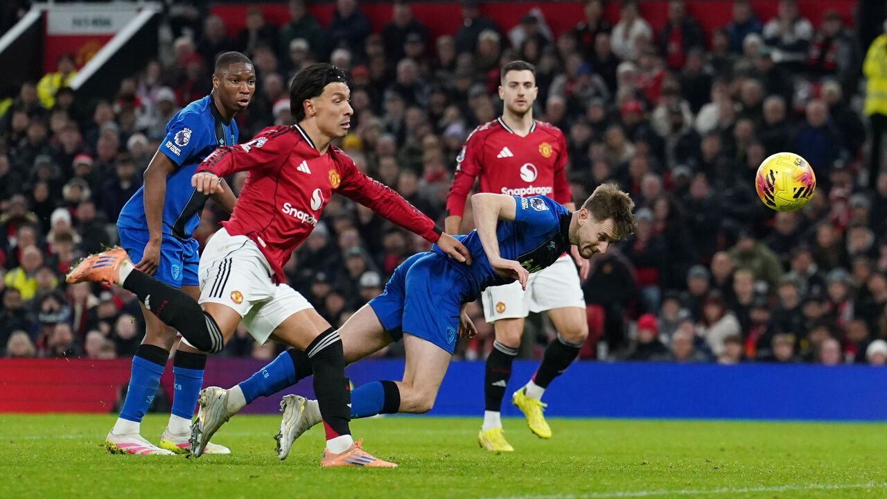Bournemouth's David Brooks heads towards goal during the Premier League match at Old Trafford, Manchester. Picture date: Monday December 15, 2025.