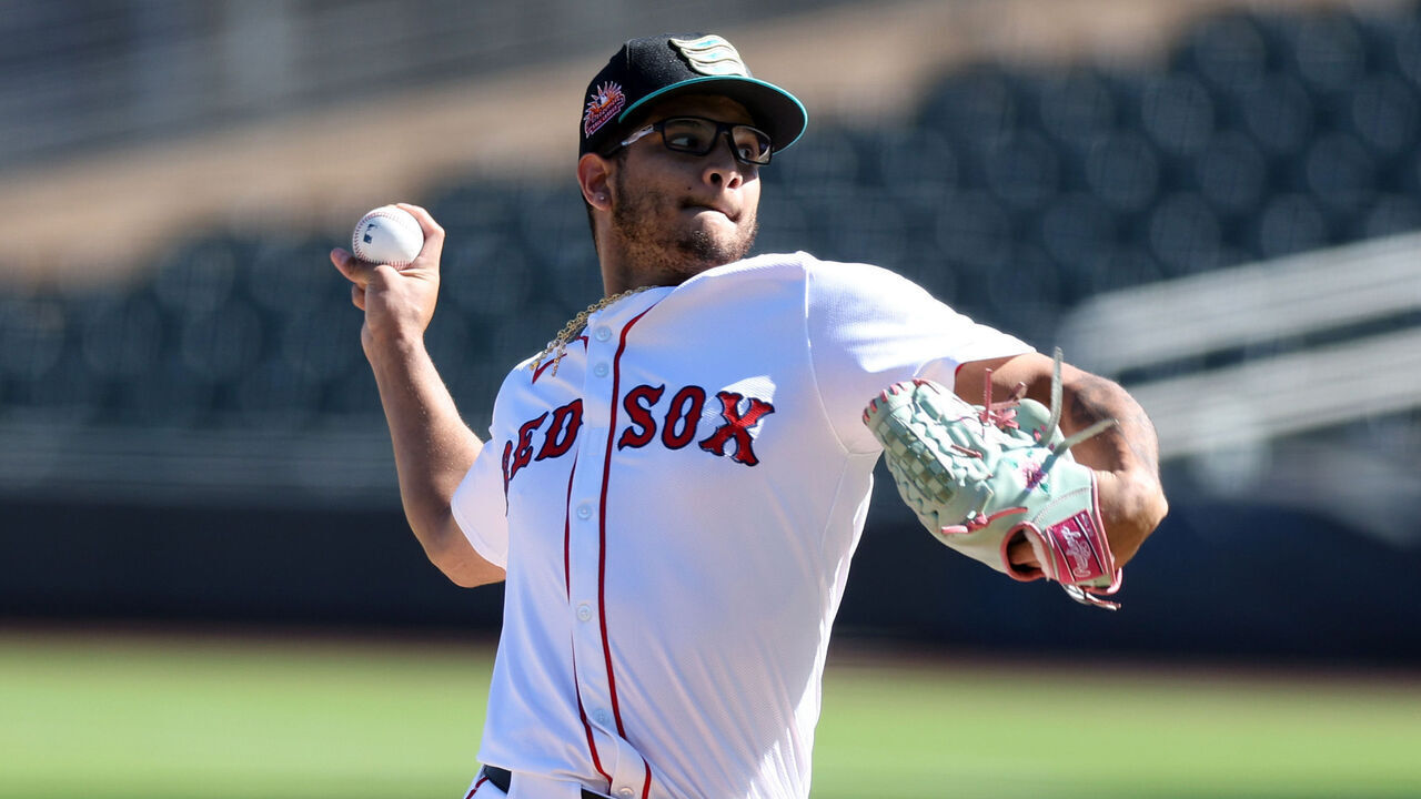 SCOTTSDALE, ARIZONA - OCTOBER 14: Luis Perales #91 of the Glendale Desert Dogs pitches during an Arizona Fall League game against the Salt River Rafters at Salt River Fields at Talking Stick on October 14, 2025 in Scottsdale, Arizona.