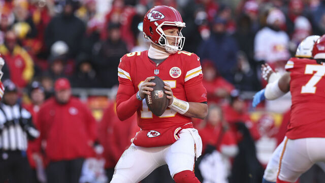 KANSAS CITY, MO - DECEMBER 14: Kansas City Chiefs quarterback Patrick Mahomes (15) looks to pass in the third quarter of an NFL game between the Los Angeles Chargers and Kansas City Chiefs on December 14, 2025 at GEHA Field at Arrowhead Stadium in Kansas City, MO.
