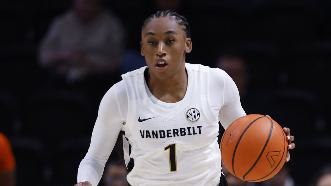 NASHVILLE, TENNESSEE - DECEMBER 03: Mikayla Blakes #1 of the Vanderbilt Commodores dribbles the ball during the first half of the game against the Virginia Cavaliers at Vanderbilt University Memorial Gymnasium on December 03, 2025 in Nashville, Tennessee.