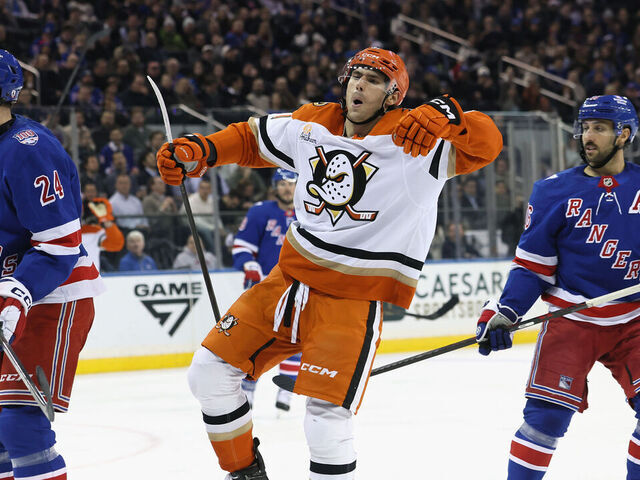 NEW YORK, NEW YORK - DECEMBER 15: Cutter Gauthier #61 of the Anaheim Ducks scores the game-winning goal during the third period against the New York Rangers at Madison Square Garden on December 15, 2025 in New York City. The Ducks defeated the Rangers 4-1.