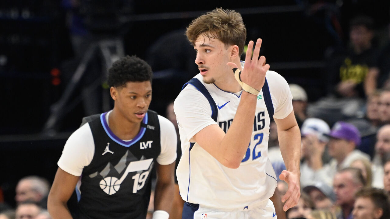 SALT LAKE CITY, UTAH - DECEMBER 15: Cooper Flagg #32 of the Dallas Mavericks celebrates a three-point shot during the first half of the game against the Utah Jazz at Delta Center on December 15, 2025 in Salt Lake City, Utah.