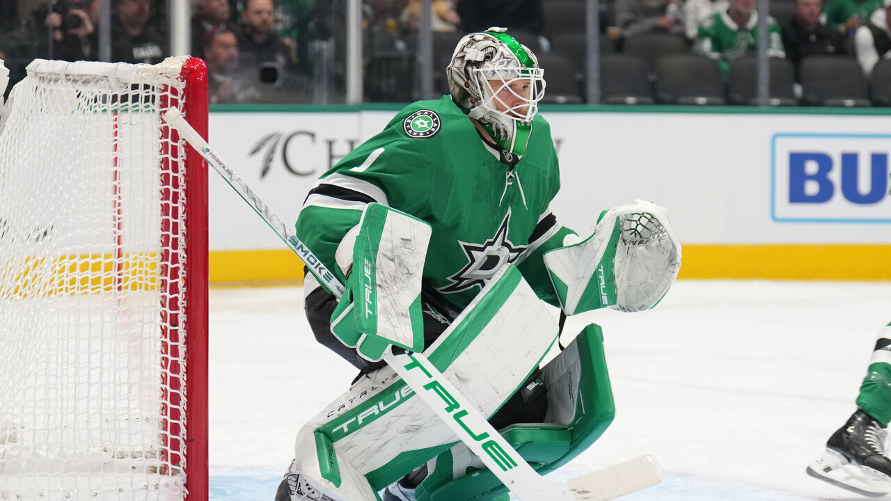 DALLAS, TX - DECEMBER 15: Casey Desmith #1 of the Dallas Stars tends goal against the Los Angeles Kings at the American Airlines Center on December 15, 2025 in Dallas, Texas.