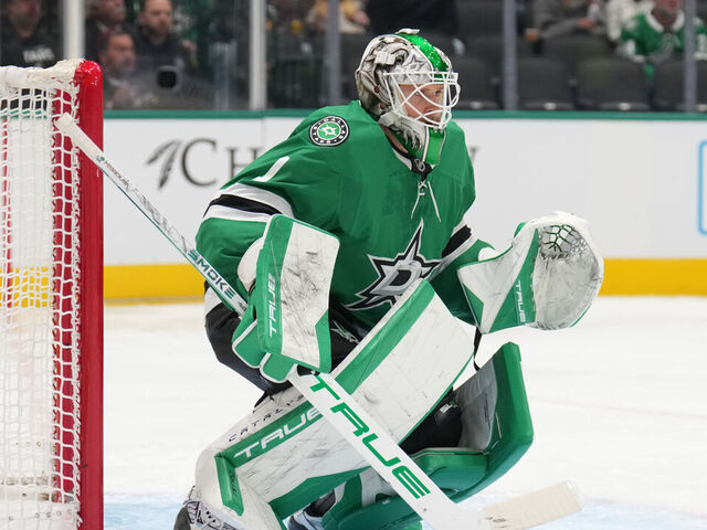 DALLAS, TX - DECEMBER 15: Casey Desmith #1 of the Dallas Stars tends goal against the Los Angeles Kings at the American Airlines Center on December 15, 2025 in Dallas, Texas.