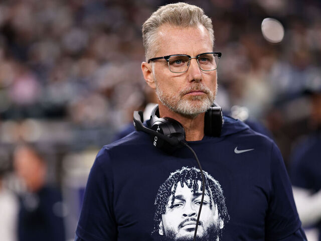 LAS VEGAS, NEVADA - NOVEMBER 17: Dallas Cowboys offensive coordinator Matt Eberflus stands on the sideline during the national anthem prior to the game against the Las Vegas Raiders at Allegiant Stadium on November 17, 2025 in Las Vegas, Nevada.