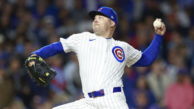 CHICAGO, ILLINOIS - OCTOBER 9: Caleb Thielbar #24 of the Chicago Cubs throws a pitch in the ninth inning during game four of the National League Division Series against the Milwaukee Brewers at Wrigley Field on October 9, 2025 in Chicago, Illinois.