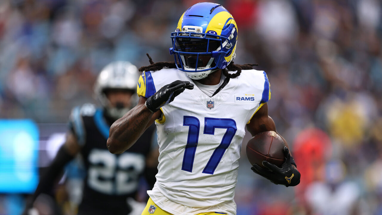 CHARLOTTE, NORTH CAROLINA - NOVEMBER 30: Davante Adams #17 of the Los Angeles Rams carries the ball against the Carolina Panthers during the first quarter at Bank of America Stadium on November 30, 2025 in Charlotte, North Carolina.